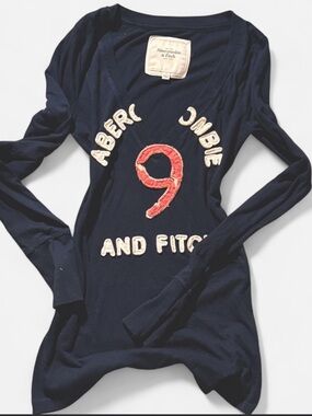 Abercrombie & Fitch Navy Long Sleeve Tee with Cream Logo and Red '9'